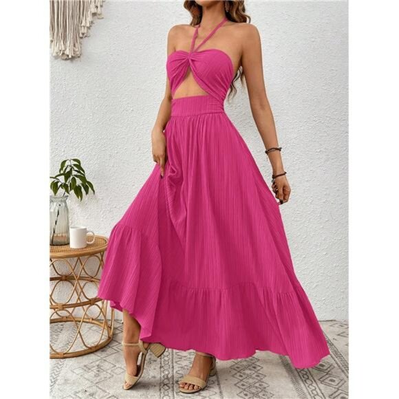 NEW - ‎ Women's Vacation Solid Color Pink  Ruched Waist Backless Halter Dress - Picture 3 of 5